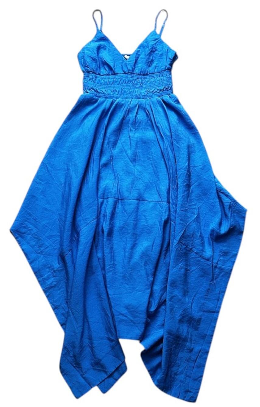 NWT By the River Boho Adjustable Strap Handkerchief Hem Chic Blue Dress Small